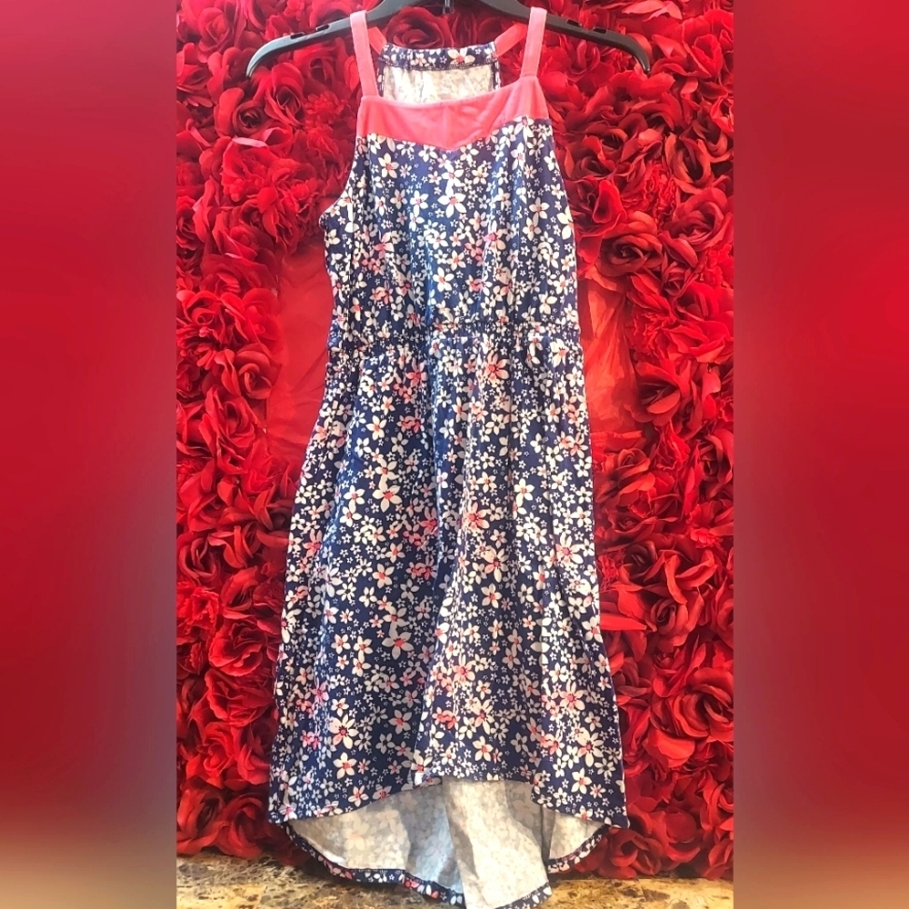 SO Girls Hi Lo Maxi Dress Tank Straps Racerback Style Navy/ White Flowers